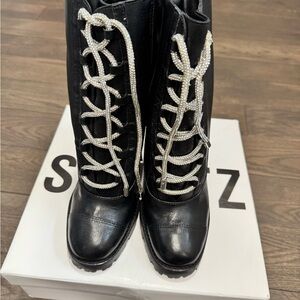SCHUTZ Black Combat Moto Boots with Lace-Up Design